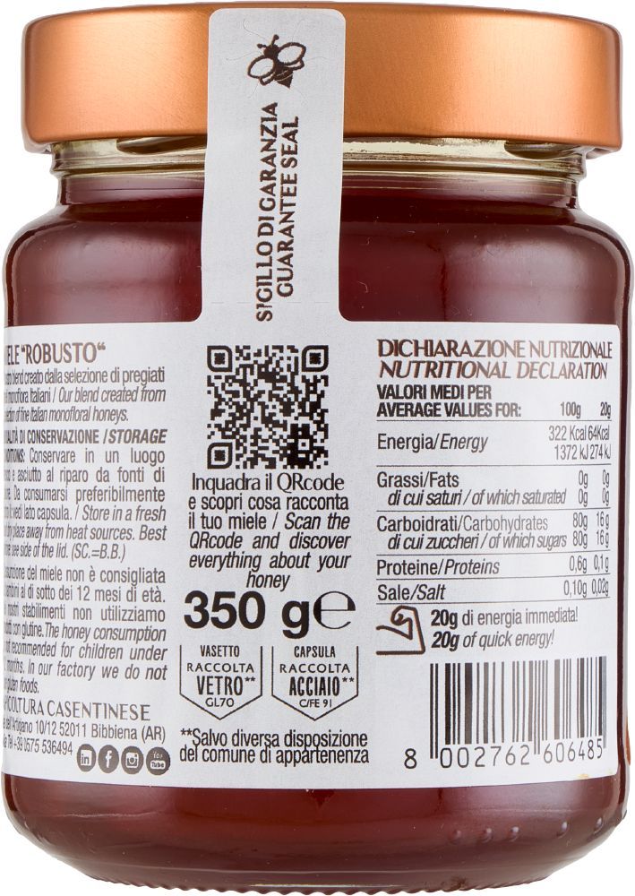 Bagsiden af et glas Apiculture Casentinese Robusto honning, med ingrediens liste, fra Italien