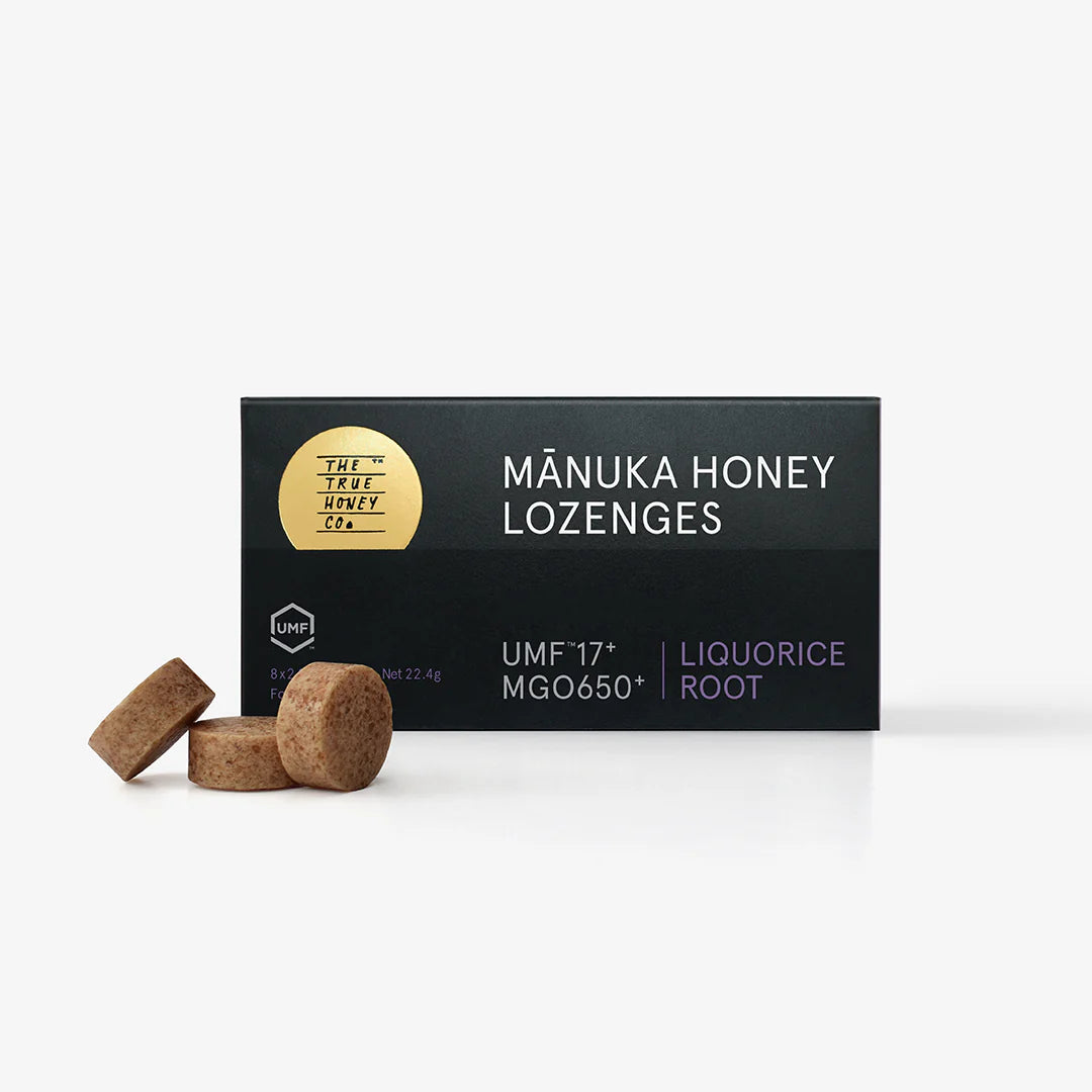 Pakke med Manuka Honning pastiller med lakridsrod , UMF17+ MGO 650+ fra New Zealand