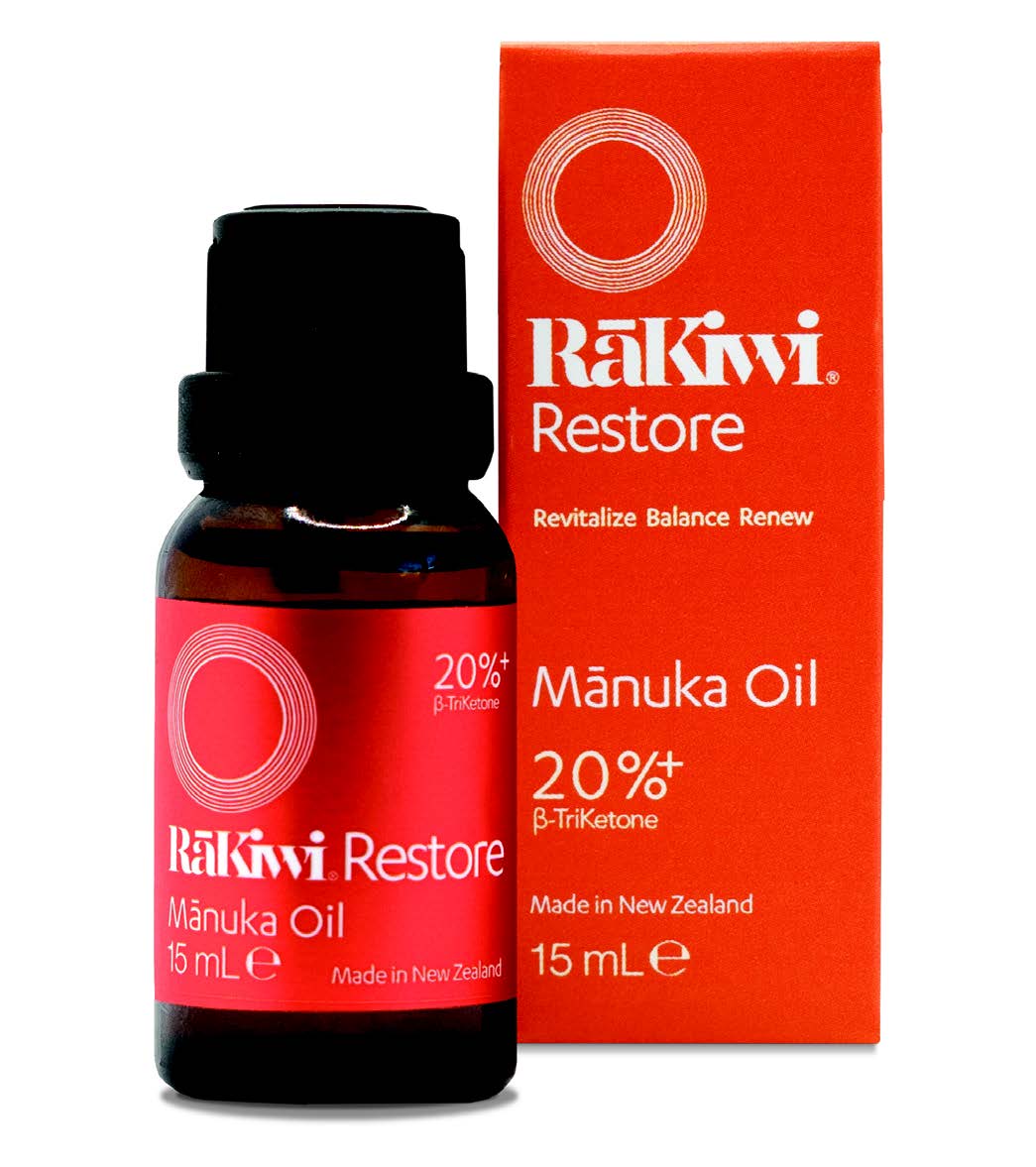 flaske og æske med RāKiwi RESTORE Mānuka Olie(β-Triketon 20%+)