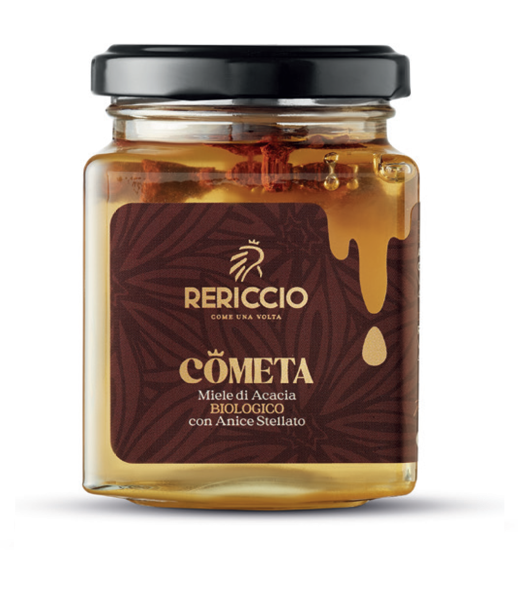 Glas med biologisk honning med stjerneanis og acacia, fra Italien