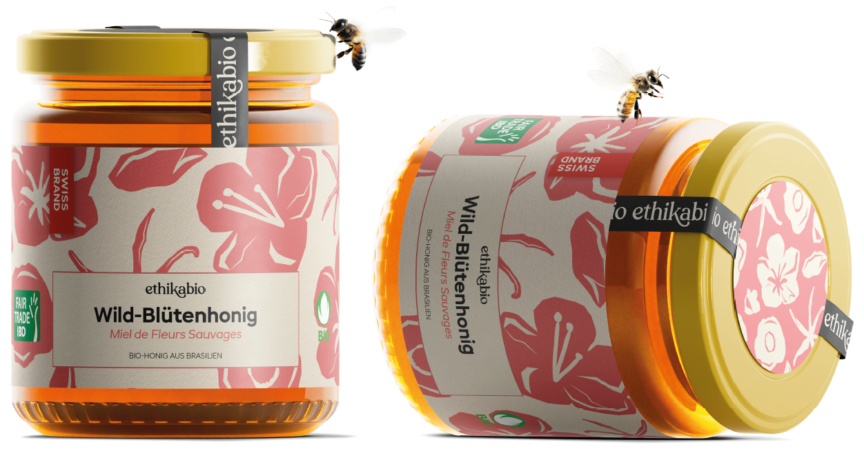 To glas med Ethikabio vild blomsterhonning og 2 bier, Brasilien