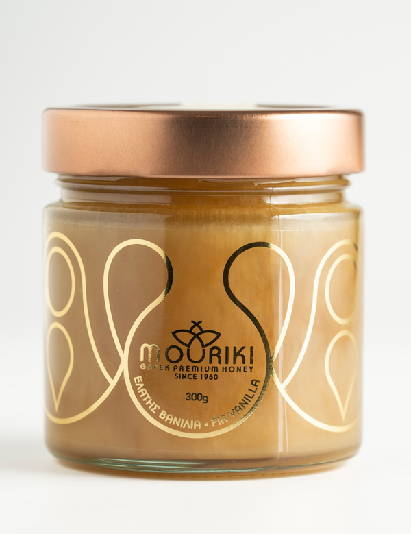 Glas med honning fra Mouriki, med gran-vanilie smag, fra Grækenland