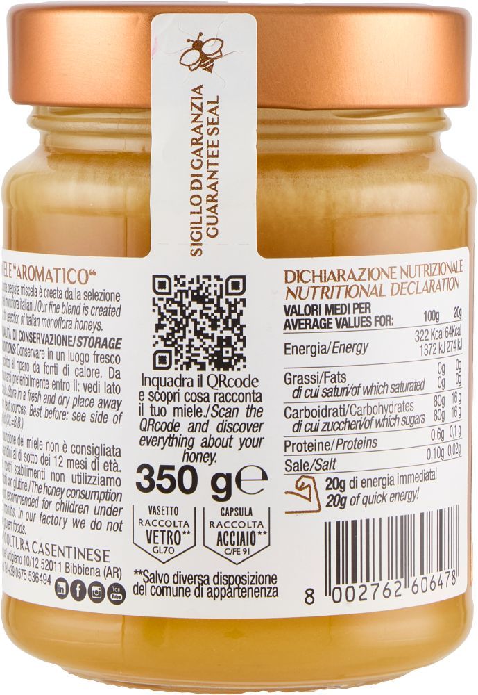 Bagside af glas med Apiculture Casentinese Aromatico honning, fra Italien 