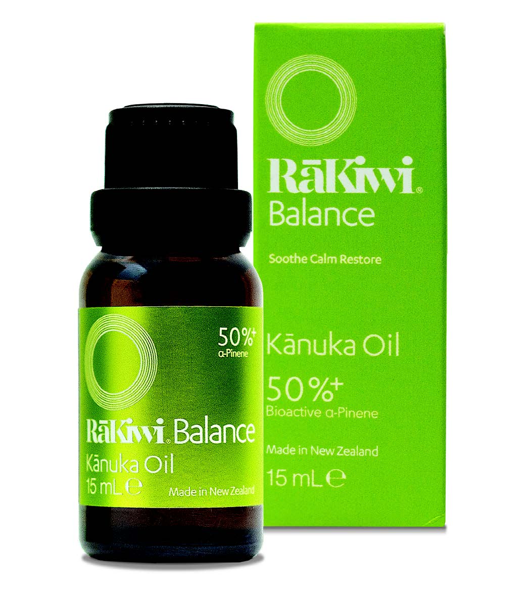 flaske  og æske med RāKiwi BALANCE Kānuka Oil (α-Pinene 50%+)