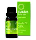 flaske  og æske med RāKiwi BALANCE Kānuka Oil (α-Pinene 50%+)