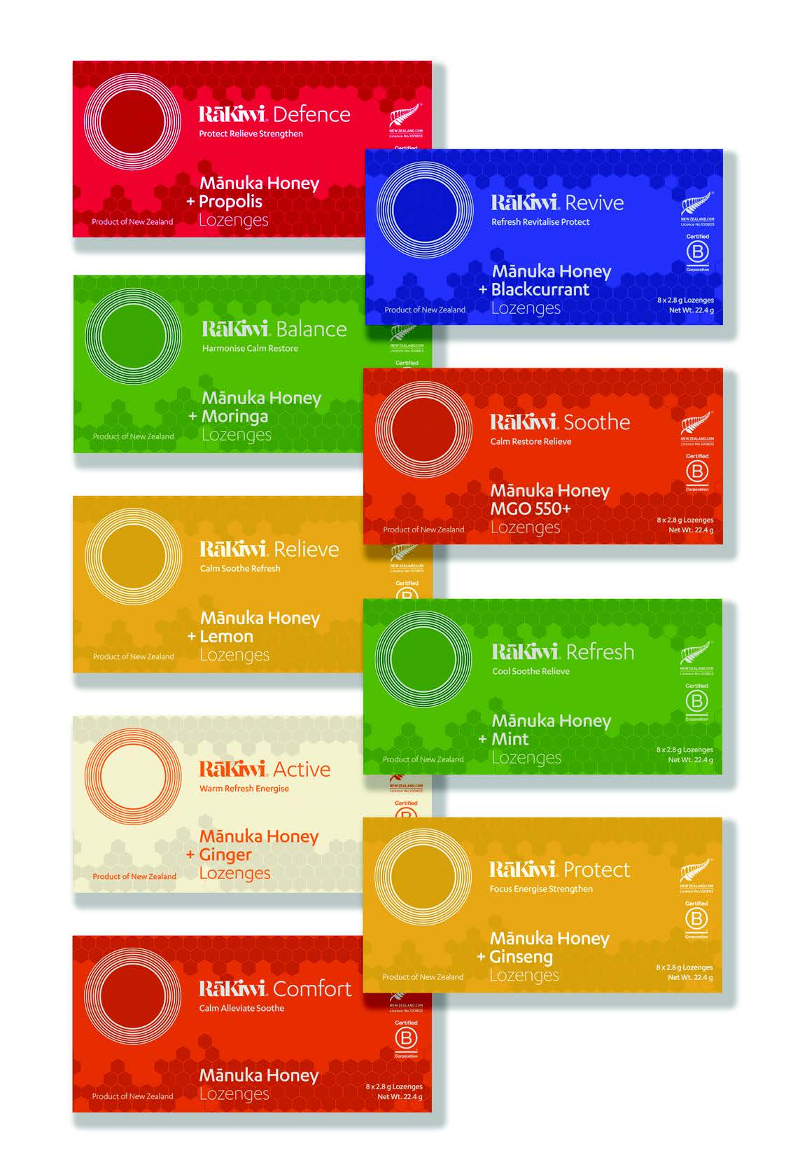 Udvalg af RāKiwi Soothe Mānuka Honningpastiller fra New Zealand